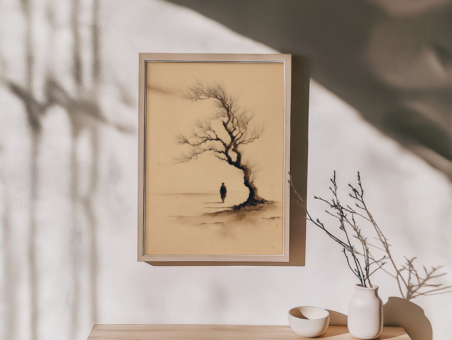 Sumi-e style ink print of a small lone figure beneath a windswept bare tree, framed in light wood on an entryway console with a dried branch and ceramic bowls, Yugen Print