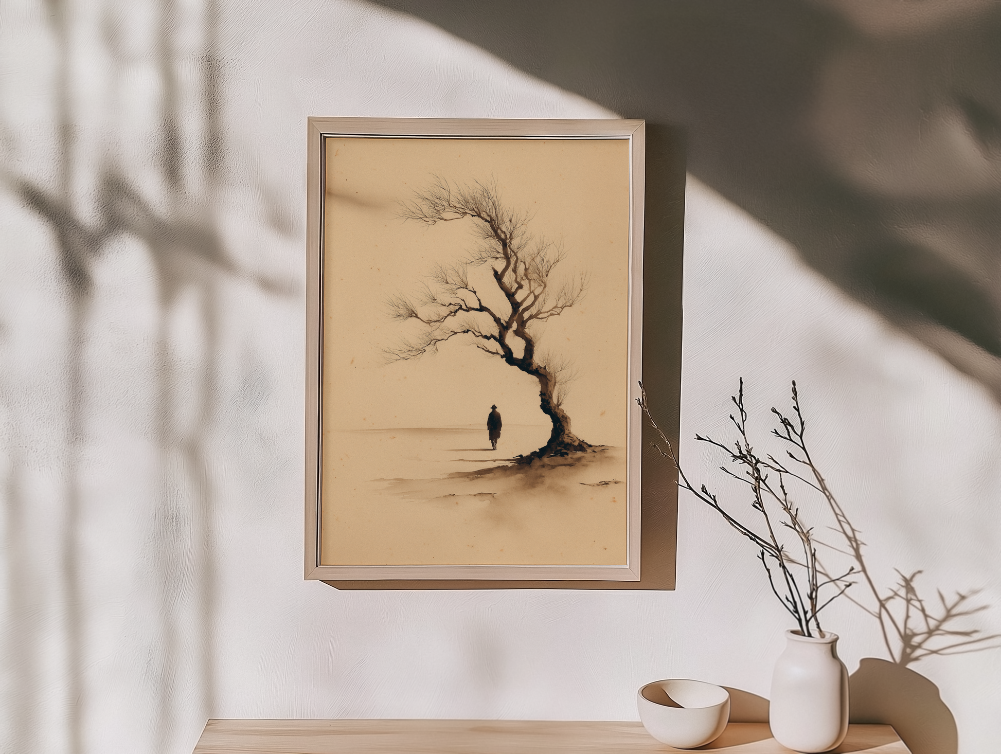 Sumi-e style ink print of a small lone figure beneath a windswept bare tree, framed in light wood on an entryway console with a dried branch and ceramic bowls, Yugen Print