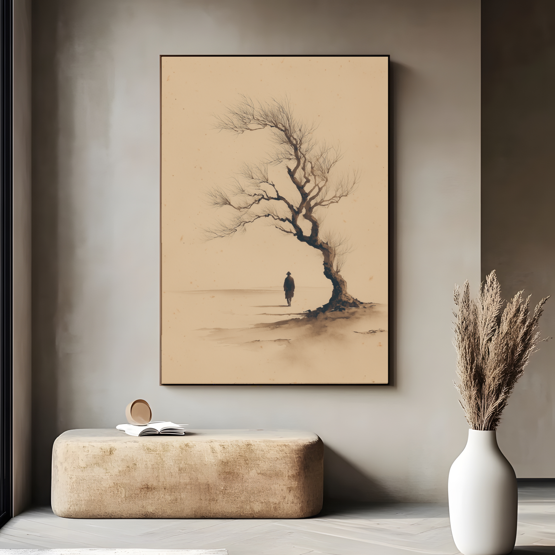 Sumi-e style ink print of a lone figure beneath an old bare tree in mist, in a dark frame above a stone bench with pampas grass, Yugen Print