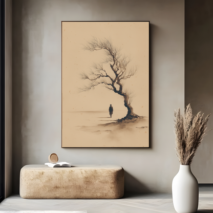 Sumi-e style ink print of a lone figure beneath an old bare tree in mist, in a dark frame above a stone bench with pampas grass, Yugen Print