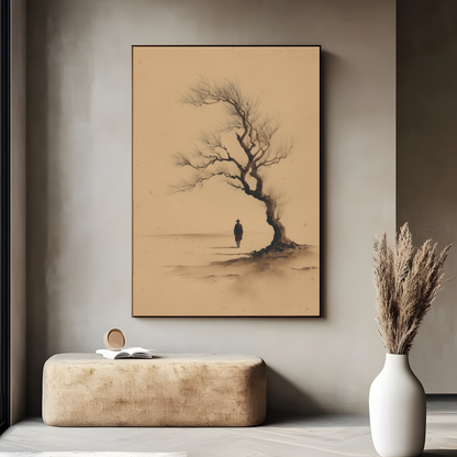 The Old Tree — Sumi-e Bare Tree Print | Solitary Figure