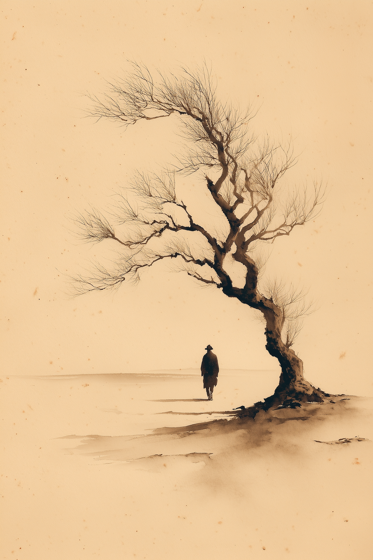Sumi-e style ink print of a small lone figure beneath a windswept bare tree in mist, black ink on cream, Yugen Print