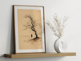 Sumi-e style ink print of a lone figure beneath a bare tree, framed in oak on a floating shelf beside a white vase, Yugen Print