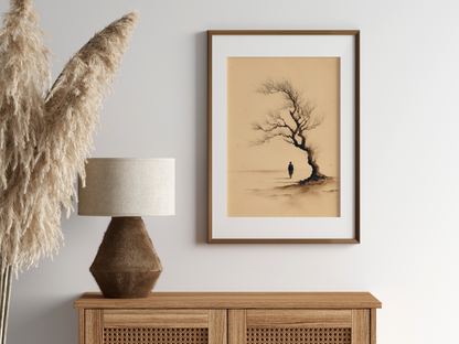 Sumi-e style ink print of a small figure under an old windswept tree, in an oak frame above a cane sideboard with a rattan lamp and pampas, Yugen Print