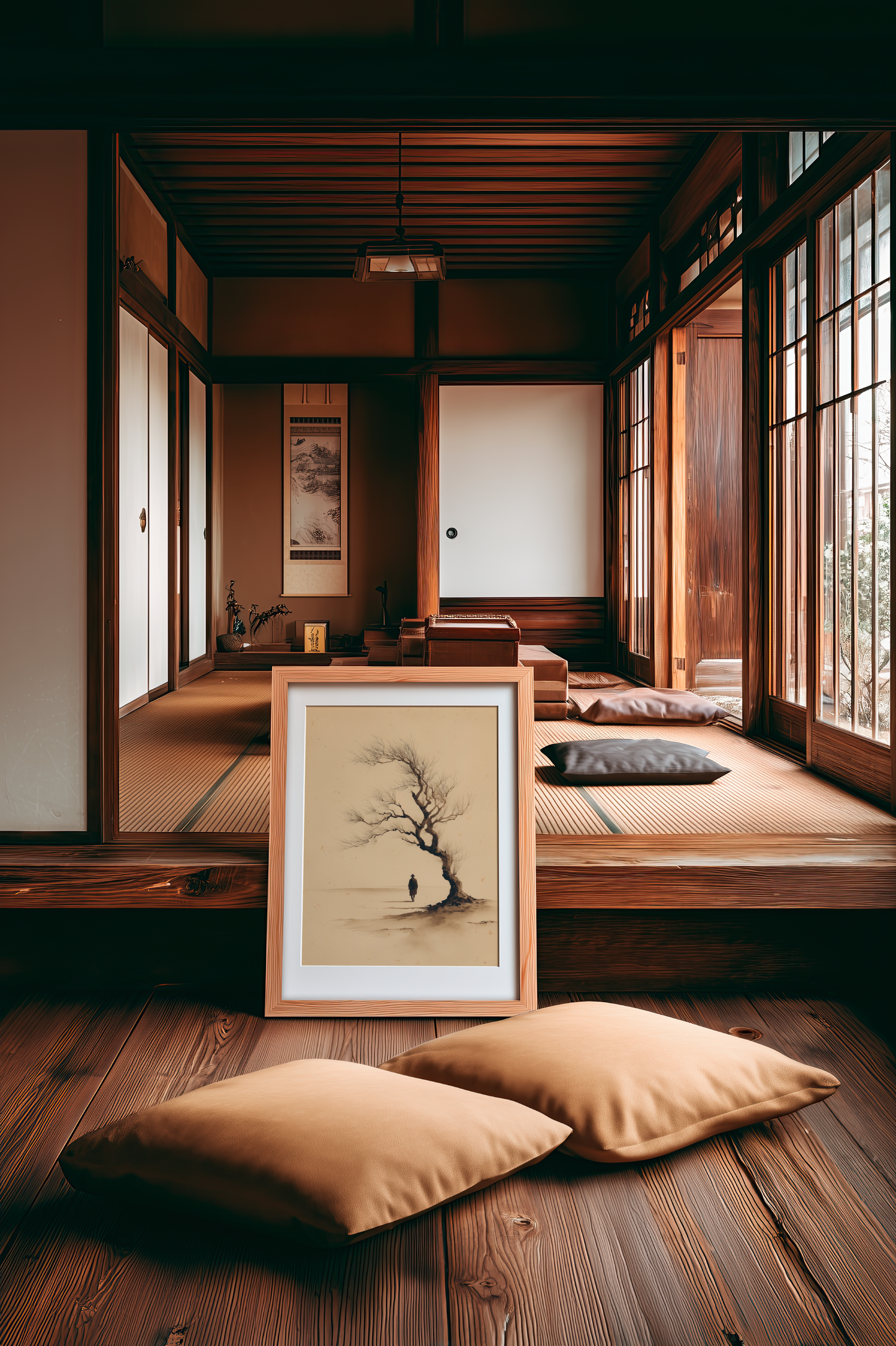 Sumi-e style ink print of a solitary figure under a windswept bare tree, framed on the floor of a Japanese tatami room with floor cushions, Yugen Print