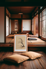 Sumi-e style ink print of a solitary figure under a windswept bare tree, framed on the floor of a Japanese tatami room with floor cushions, Yugen Print