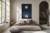 Sumi-e style indigo ink print of a full moon reflected on still dark water, oak frame above a linen bed in a bright airy Japandi bedroom, Yugen Print