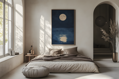 Sumi-e style indigo ink print of a full moon reflected on still dark water, oak frame above a linen bed in a bright airy Japandi bedroom, Yugen Print