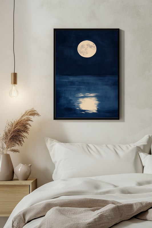 Sumi-e style indigo ink print of a full moon over still dark water, black frame above white bedding beside a warm pendant light in a serene evening bedroom, Yugen Print