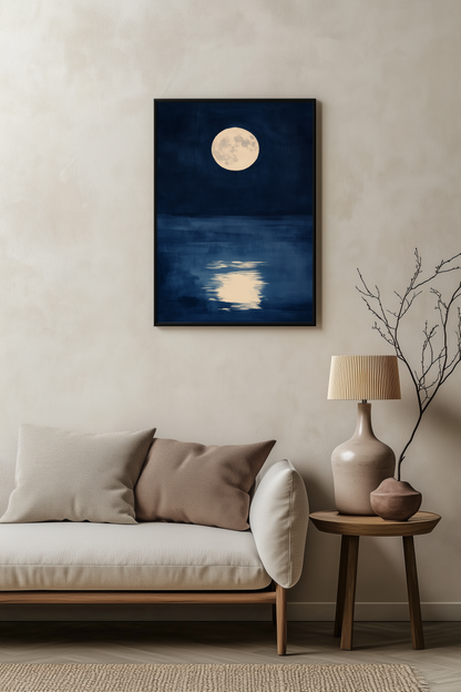 Sumi-e style indigo ink print of a full moon over dark water, black frame above a pale linen sofa with a wooden side table and ceramic lamp, Yugen Print