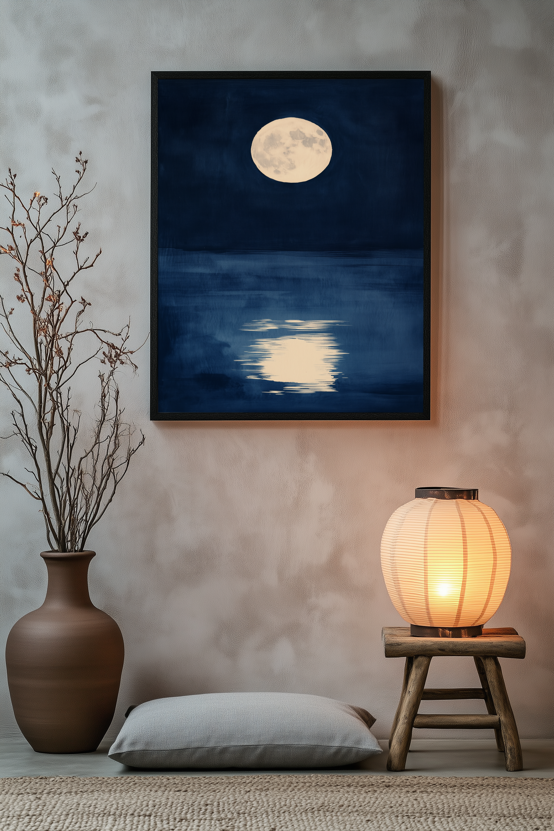 Sumi-e style indigo ink print of a full moon reflected on still water, black frame above a floor cushion beside a glowing paper lantern on a wooden stool, Yugen Print