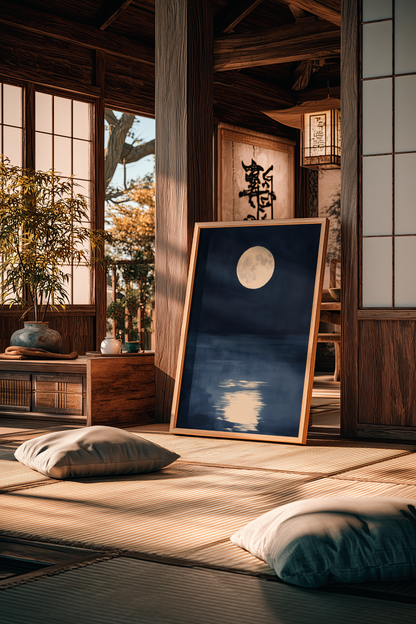 Sumi-e style indigo ink print of a full moon over still water, oak frame on tatami flooring in a traditional Japanese room with shoji screens, Yugen Print