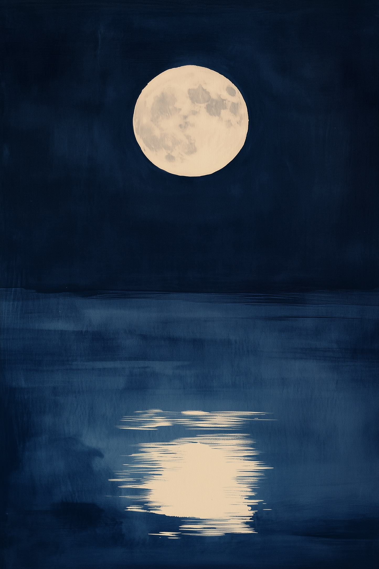Sumi-e style indigo ink print of a pale full moon reflected on still dark water, Yugen Print