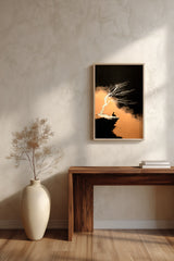 The Cliff Tree sumi-e print framed above a dark wood console and a cream vase on a plaster wall
