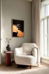 The Cliff Tree sumi-e print framed beside a white armchair and side table in a reading corner by the window