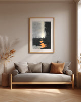 The Ember Stair sumi-e print framed above a grey linen sofa in a neutral living room