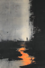 The Ember Stair sumi-e ink print by Yugen Print: a small figure stands at the top of a stair beside a wall of black ink, with a stream of orange light running down below