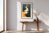 The Golden River sumi-e print in an oak frame above a narrow wood console in a bright entryway
