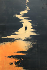 The Golden River sumi-e ink print by Yugen Print: a single figure walks along a winding river of gold and orange light that cuts through charcoal ink