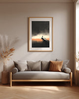 The Last Pier sumi-e print framed above a gray linen sofa in a neutral living room