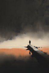 The Last Pier sumi-e ink print by Yugen Print: a lone figure stands at the end of a wooden pier beneath storm cloud, with a band of orange light across the water