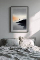 The Narrow Crossing sumi-e print in a black frame above a bed with grey linen bedding