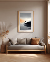 The Narrow Crossing sumi-e print framed above a grey linen sofa in a neutral living room