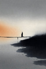 The Narrow Crossing sumi-e ink print by Yugen Print: a lone figure crosses a thin bridge over still grey water towards a bank of black ink, with a peach glow in the sky