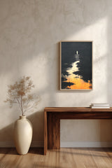 The Pale Wanderer sumi-e print framed above a dark wood console and a cream vase on a plaster wall