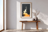 The Pale Wanderer sumi-e print in an oak frame above a narrow wood console in a bright entryway