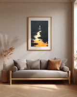 The Pale Wanderer sumi-e print framed above a gray linen sofa in a neutral living room