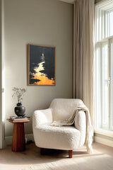 The Pale Wanderer sumi-e print framed beside a white armchair and side table in a reading corner by the window