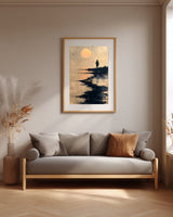 The Ronin's Moon sumi-e print framed above a gray linen sofa in a neutral living room