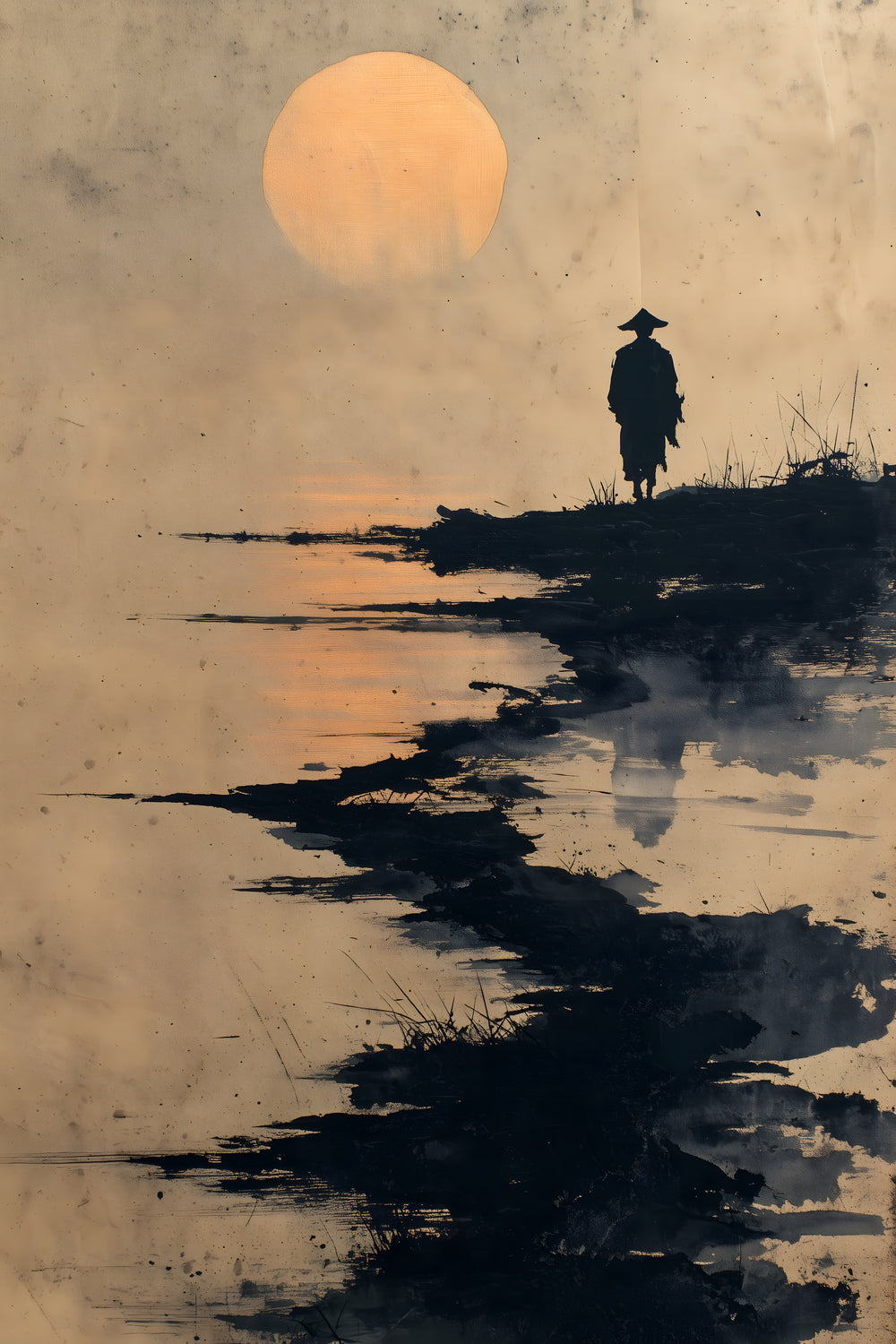 The Ronin's Moon sumi-e ink print by Yugen Print: a lone ronin in a straw hat stands on a grassy bank beneath an amber moon, with black ink spreading across the river below