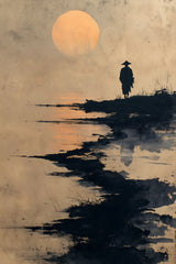 The Ronin's Moon sumi-e ink print by Yugen Print: a lone ronin in a straw hat stands on a grassy bank beneath an amber moon, with black ink spreading across the river below