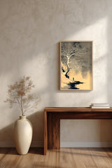 The White Tree sumi-e print framed above a dark wood console and a cream vase on a plaster wall