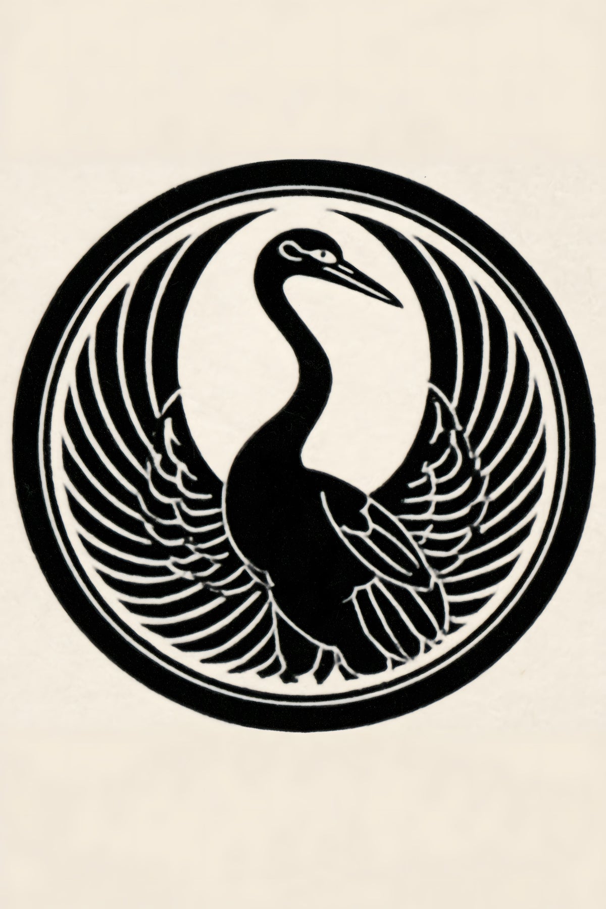 Tsuru crane kamon wall art print in black on cream paper, a crane with wings folded into a circle in a classic Japanese family crest