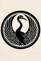 Tsuru crane kamon wall art print in black on cream paper, a crane with wings folded into a circle in a classic Japanese family crest