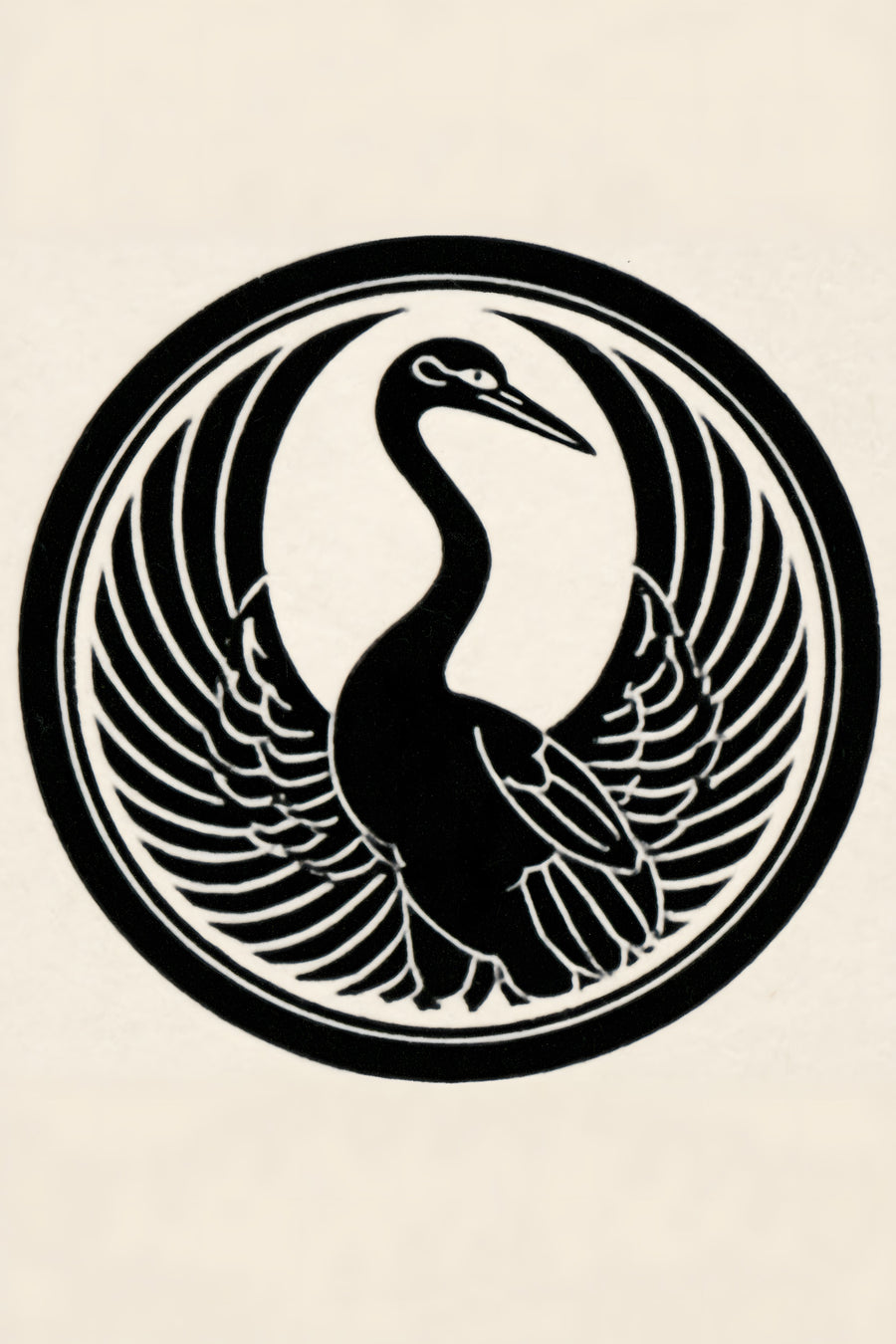 Tsuru crane kamon wall art print in black on cream paper, a crane with wings folded into a circle in a classic Japanese family crest