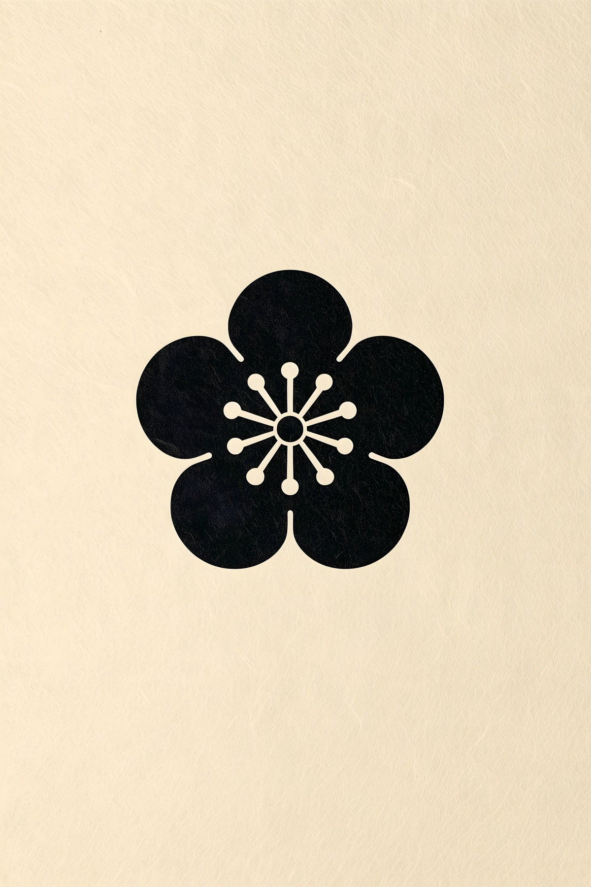 Ume plum blossom kamon wall art print in black on cream paper, five round petals around fine stamens in a classic Japanese family crest