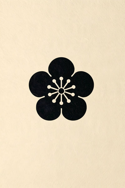Ume plum blossom kamon wall art print in black on cream paper, five round petals around fine stamens in a classic Japanese family crest