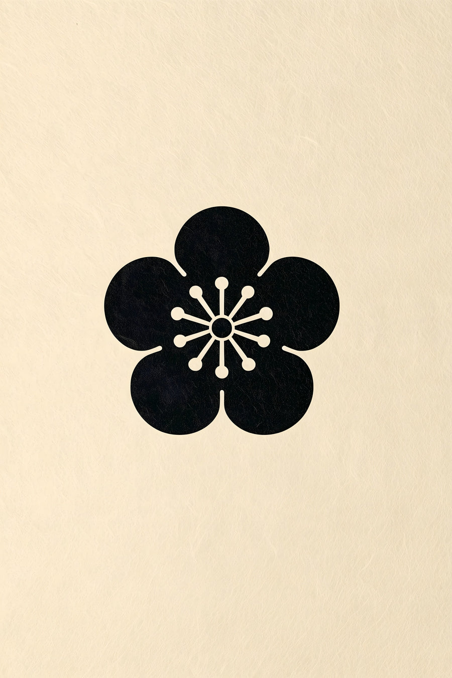 Ume plum blossom kamon wall art print in black on cream paper, five round petals around fine stamens in a classic Japanese family crest