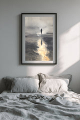Wayfarer's Reflection sumi-e print in a black frame above a bed with grey linen bedding