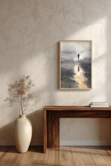 Wayfarer's Reflection sumi-e print framed above a dark wood console and a cream vase on a plaster wall