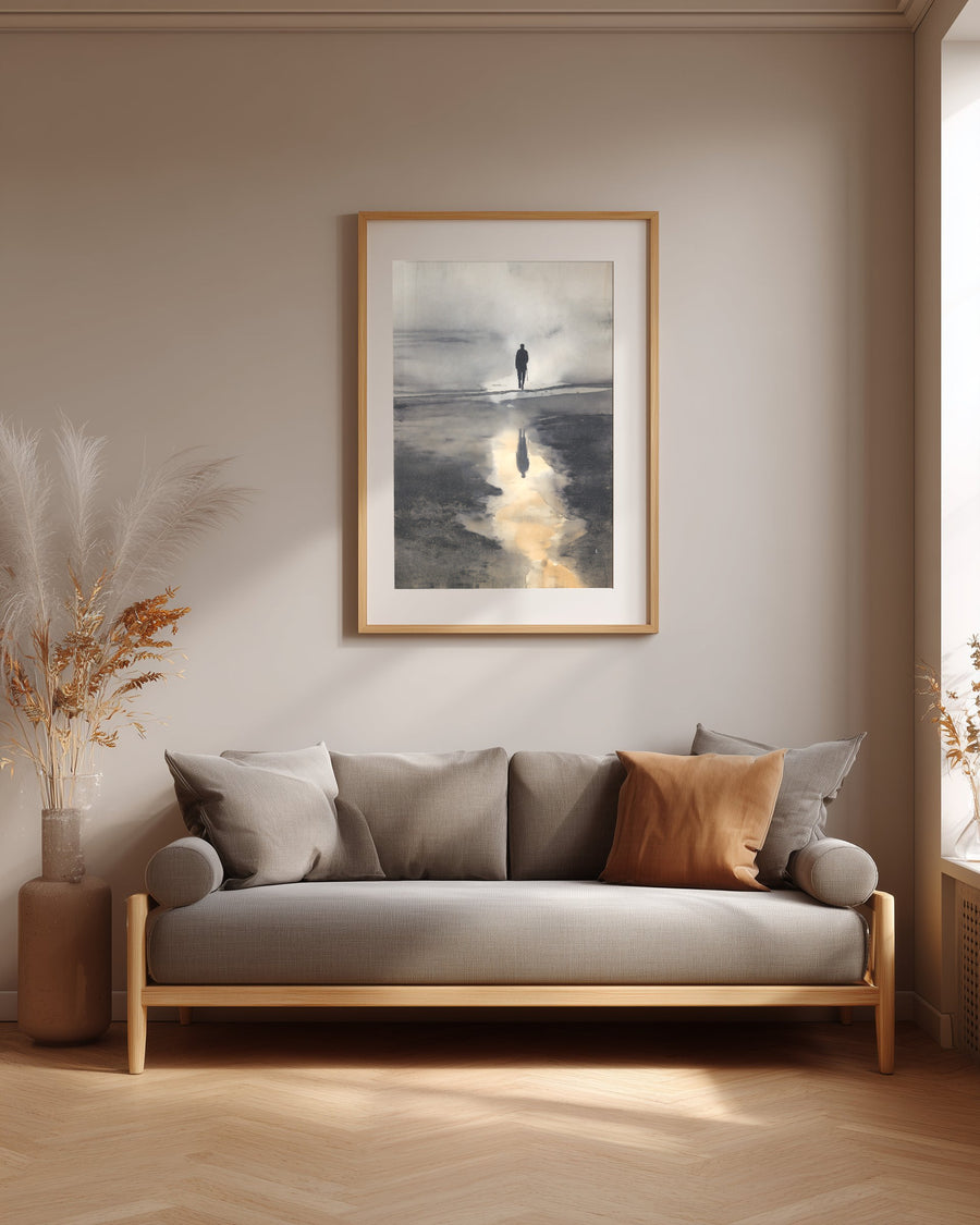 Wayfarer's Reflection sumi-e print framed above a grey linen sofa in a neutral living room