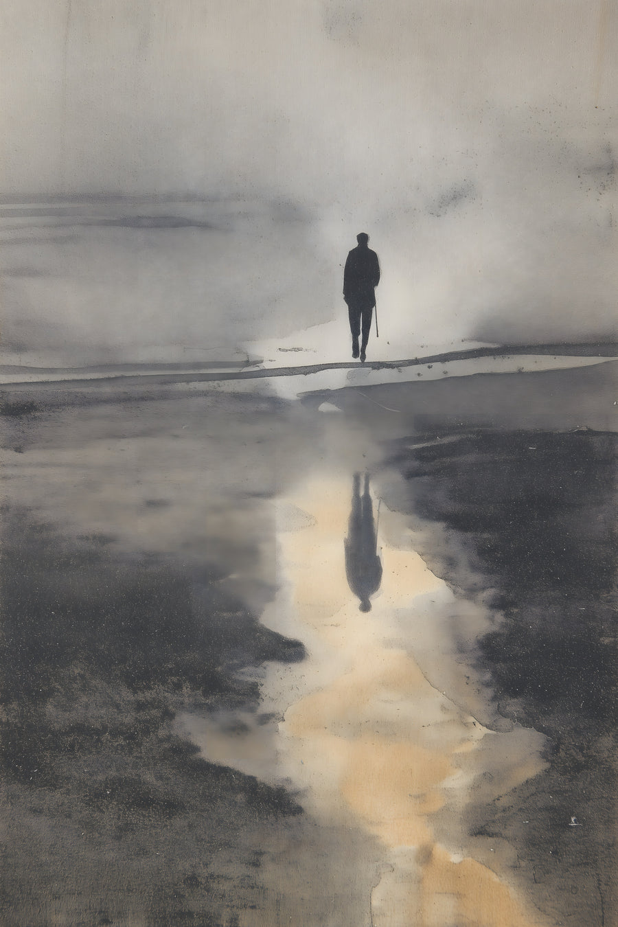 Wayfarer's Reflection sumi-e ink print by Yugen Print: a wayfarer walks out of grey mist over wet ground, his reflection stretching long in a pool of peach light