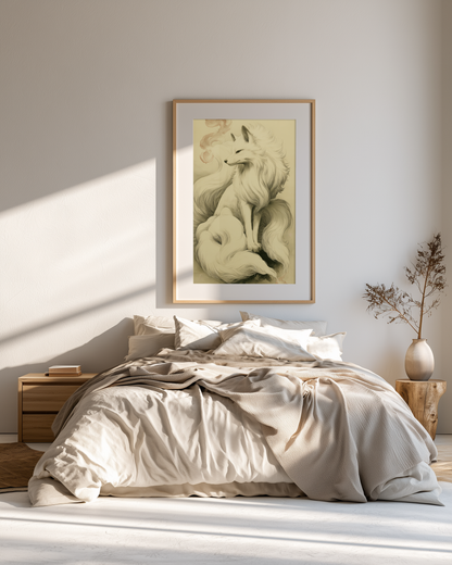 Sumi-e style ink print of a white nine-tailed fox seated with a pale rose-toned foxfire flame drifting nearby, black ink on cream paper, framed in oak above a bed with white linen in a serene sunlit bedroom, Yugen Print