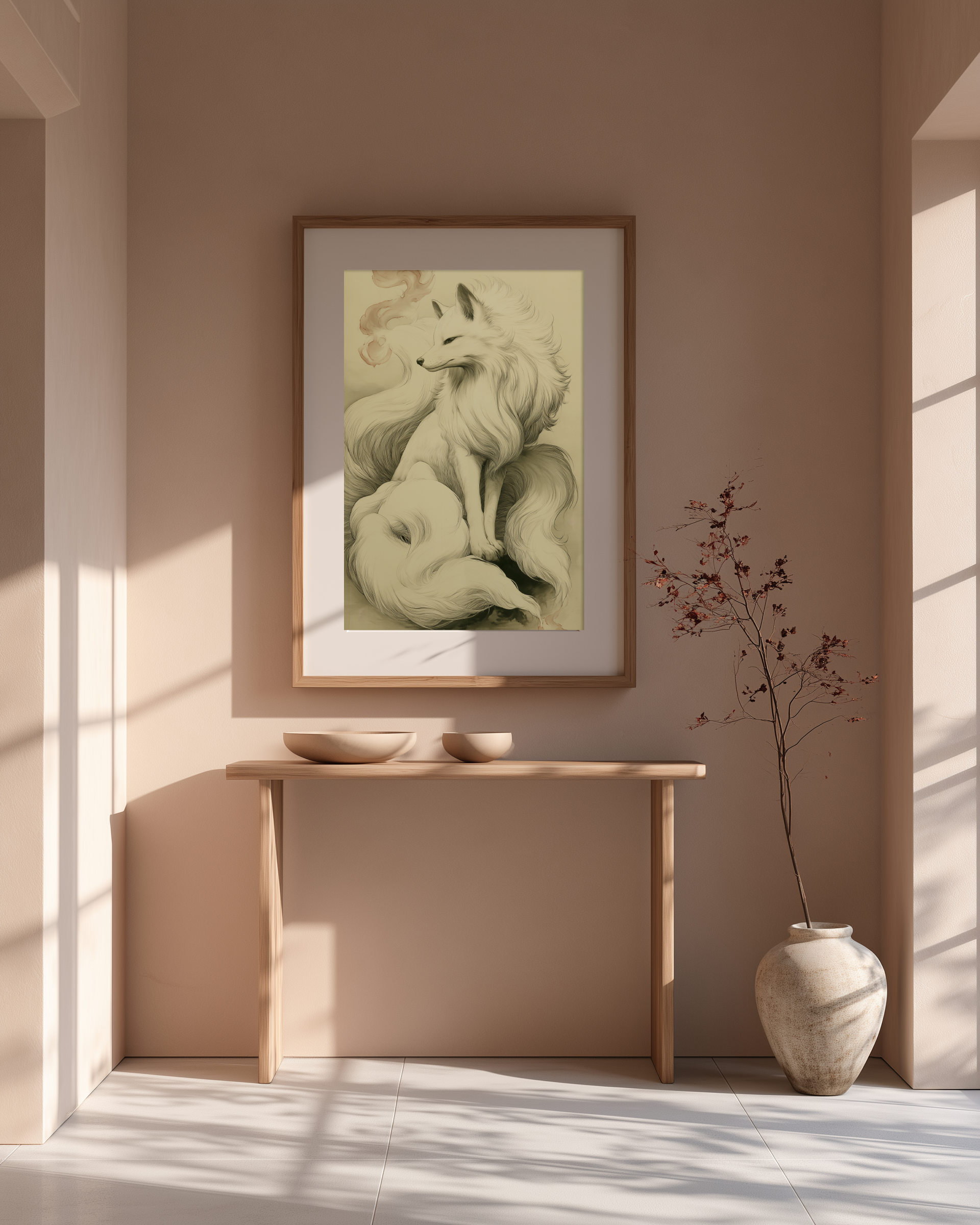 Sumi-e style ink print of a white nine-tailed fox seated with a pale rose-toned foxfire flame drifting nearby, black ink on cream paper, framed in oak in a warm minimalist entryway above a wooden console with a stone vase, Yugen Print