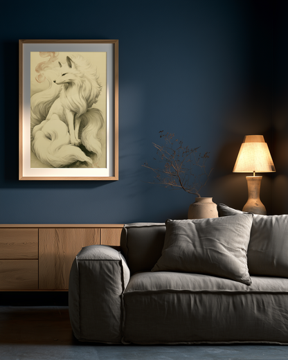 Sumi-e style ink print of a white nine-tailed fox seated with a pale rose-toned foxfire flame drifting nearby, black ink on cream paper, framed in oak on a deep blue living room wall above a grey sofa with a table lamp, Yugen Print