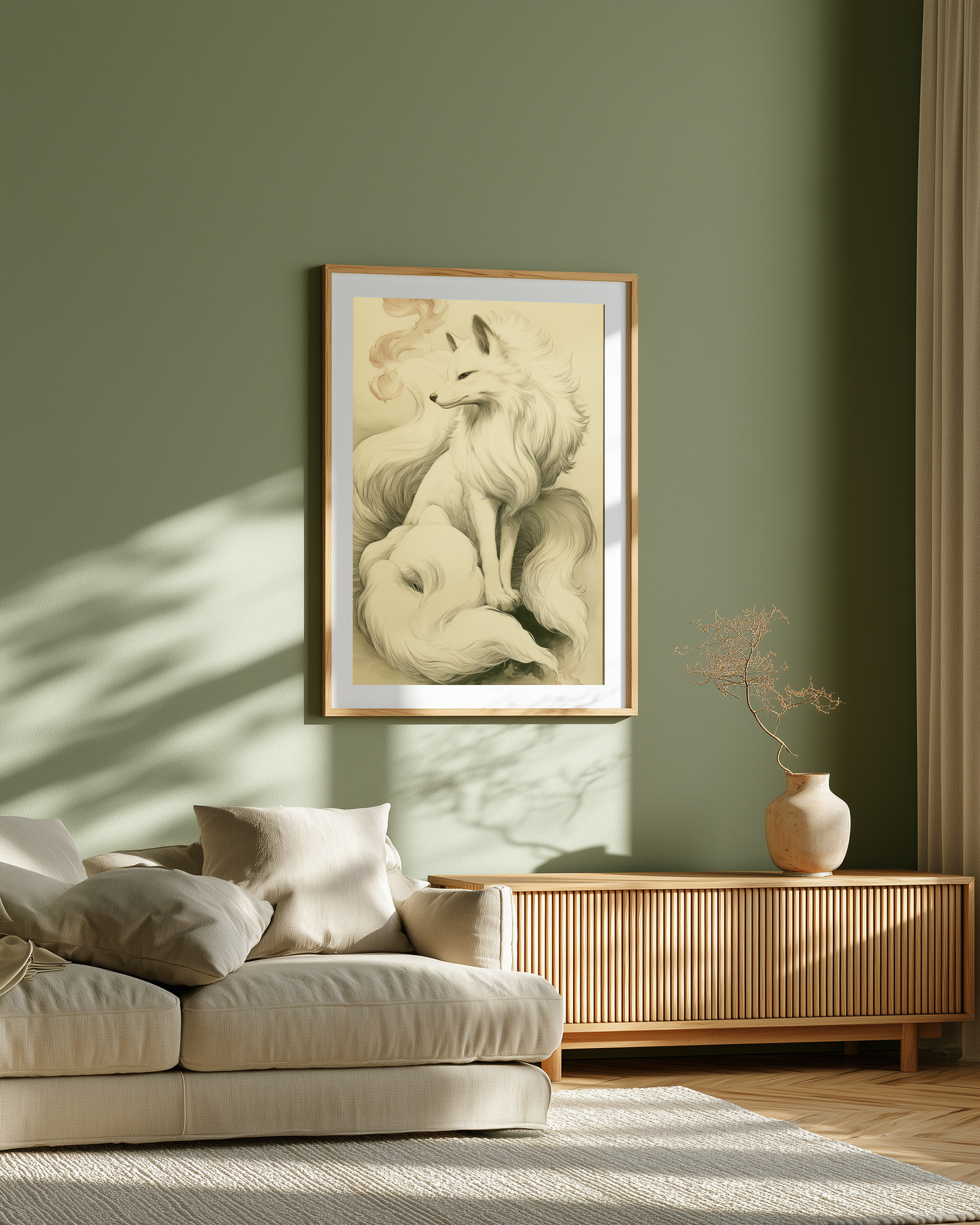 Sumi-e style ink print of a white nine-tailed fox seated with a pale rose-toned foxfire flame drifting nearby, black ink on cream paper, framed in oak on a sage-green living room wall above a wooden sideboard, Yugen Print